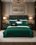 Lenjerie de Pat Damasc Premium 6 Piese, Verde, Cearșaf cu Elastic W7-D7-S123