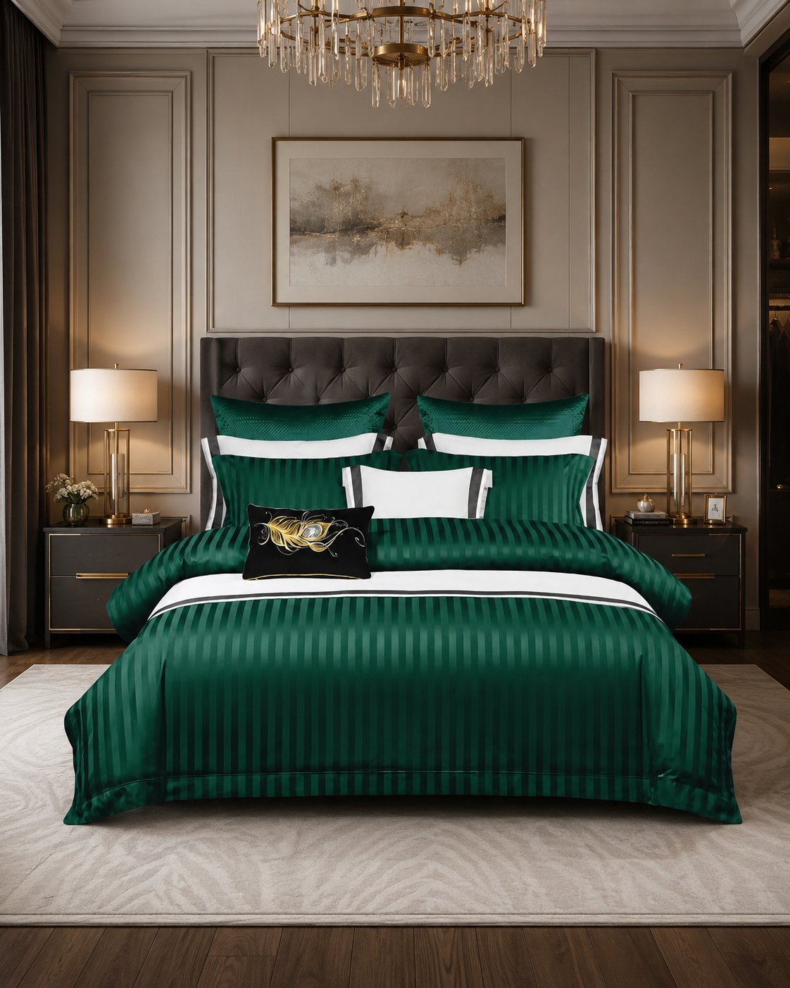 Lenjerie de Pat Damasc Premium 6 Piese, Verde, Cearșaf cu Elastic W7-D7-S123