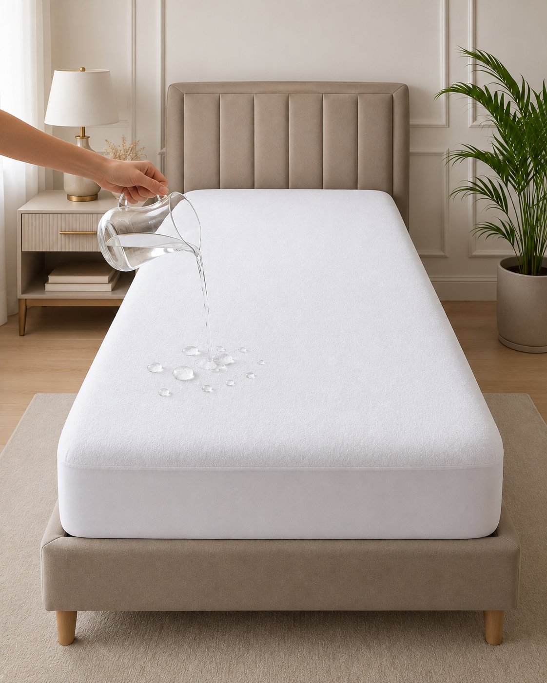 Protecție de Saltea 100% Impermeabilă Albă din Frotir, cu Bandă Elastică de 30 cm