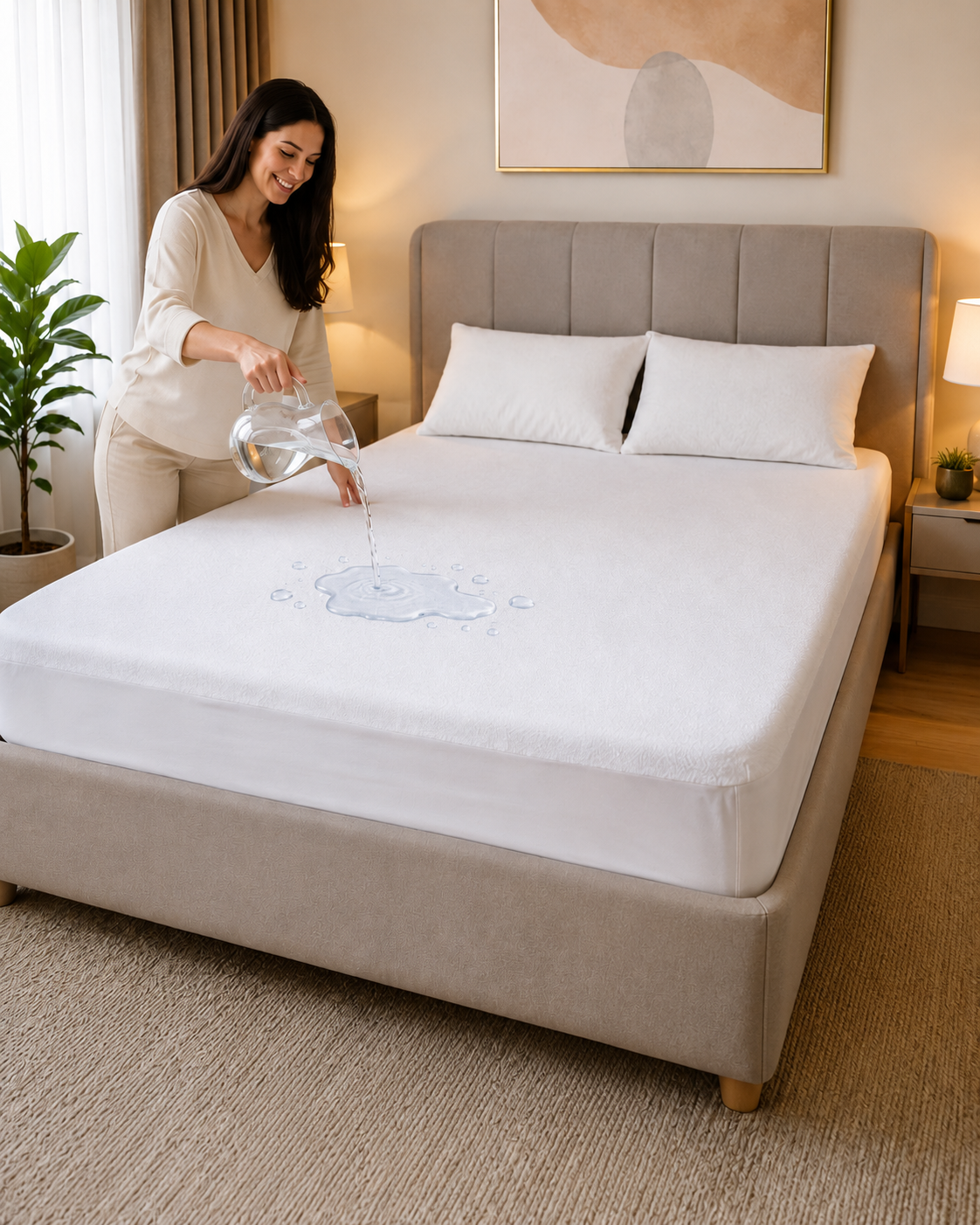 Protecție de Saltea 100% Impermeabilă Albă din Frotir, cu Bandă Elastică de 30 cm