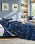 Lenjerie de Pat 1 Persoană din Bumbac 100% Percal, cu 2 Fețe, 4 Piese, Bleumarin cu Mașinuțe, Cearșaf cu Elastic, QK8002-D6-S23