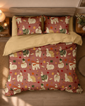 Lenjerie de Pat 1 Persoană din Bumbac 100% Percal, cu 2 Fețe, 4 Piese, Cărămiziu-Bej cu Lame de Toamnă, Cearșaf cu Elastic, QK8010-D6-S23