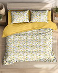 Lenjerie de Pat 1 Persoană din Bumbac 100% Percal, cu 2 Fețe, 4 Piese, Alb-Galben-Verde cu Lalele Botanice, Cearșaf cu Elastic, QK8015-D6-S23