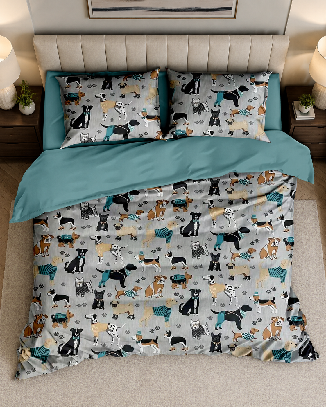 Lenjerie de Pat 1 Persoană din Bumbac 100% Percal, cu 2 Fețe, 4 Piese, Gri-Turcoaz cu Căței, Cearșaf cu Elastic, QK8016-D6-S23