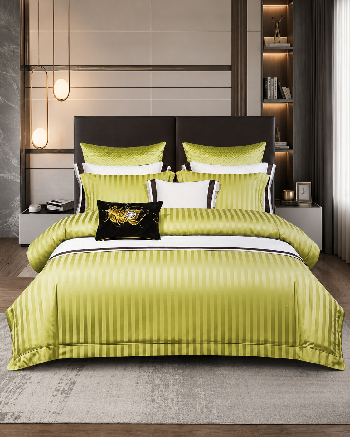 Lenjerie de Pat Damasc Premium 6 Piese, Verde, Cearșaf cu Elastic W3-D7-S123